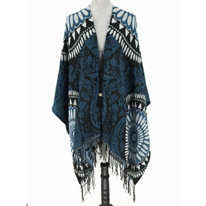 Andrew Marc NY Poncho Cape Womens One Size Sweater Blue White Open Tassels
